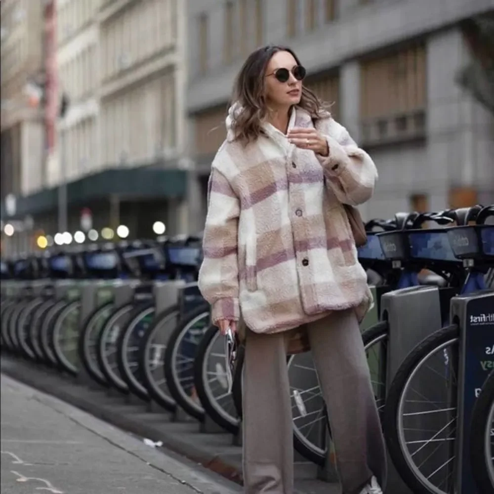 H&M Plaid Pastel Colors Faux Shearling Jacket Lined Warm - Picture 12 of 14